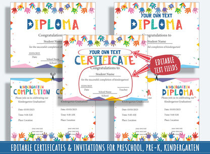 Colorful Creations: 37 Editable Pages of Painted Children Hands-themed Diplomas, Certificates, and Invitations for Preschool & Kindergarten