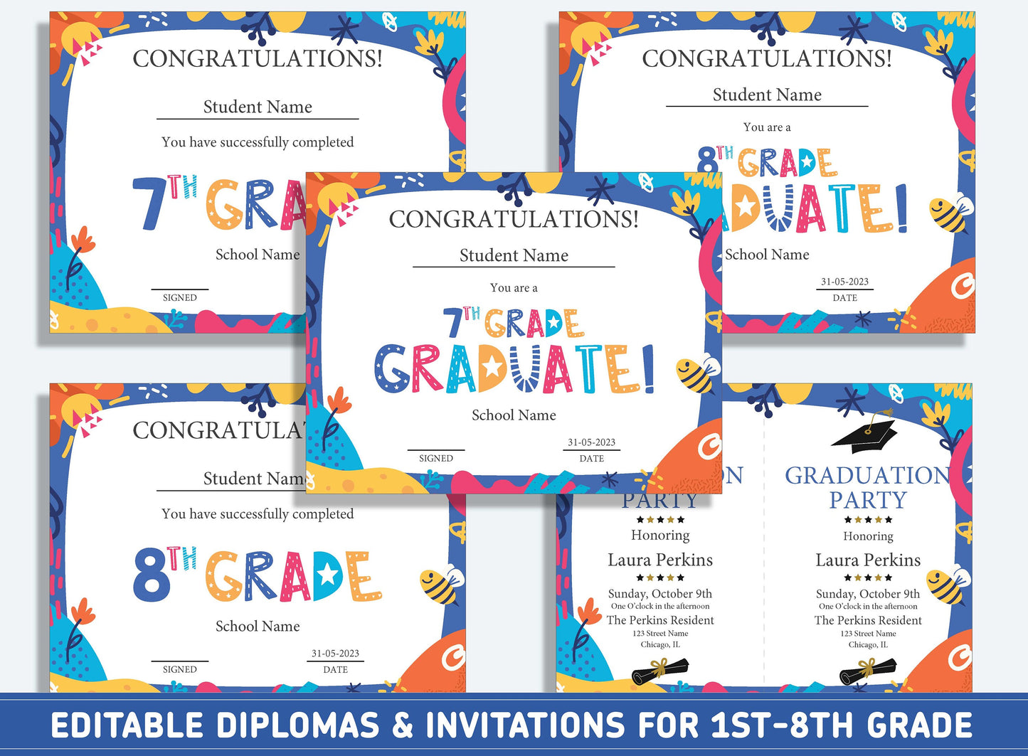Editable First Grade Certificate, 1st to 8th Grade Diploma, Certificate of Completion & Invitation, PDF File, Instant Download