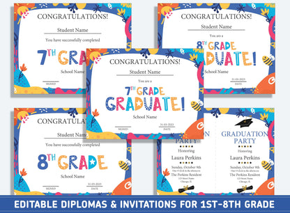 Editable First Grade Certificate, 1st to 8th Grade Diploma, Certificate of Completion & Invitation, PDF File, Instant Download