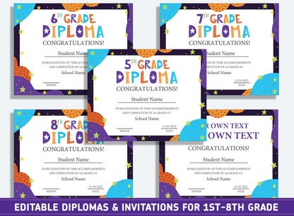 Editable Second Grade Certificate, 1st to 8th Grade Diploma, Certificate of Completion & Invitation, PDF File, Instant Download