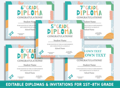 Editable 3rd Grade Certificate, 1st to 8th Grade Diploma, Certificate of Completion & Invitation, PDF File, Instant Download