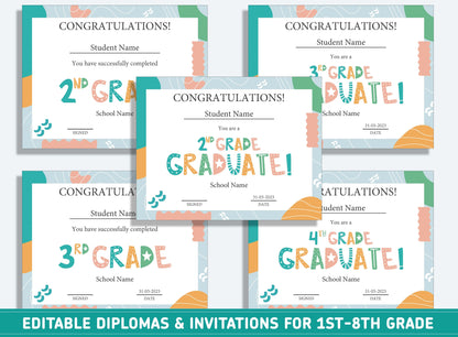Editable 3rd Grade Certificate, 1st to 8th Grade Diploma, Certificate of Completion & Invitation, PDF File, Instant Download