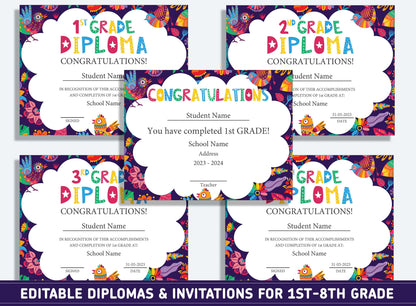 Editable 4th Grade Certificate, 1st to 8th Grade Diploma, Certificate of Completion & Invitation, PDF File, Instant Download