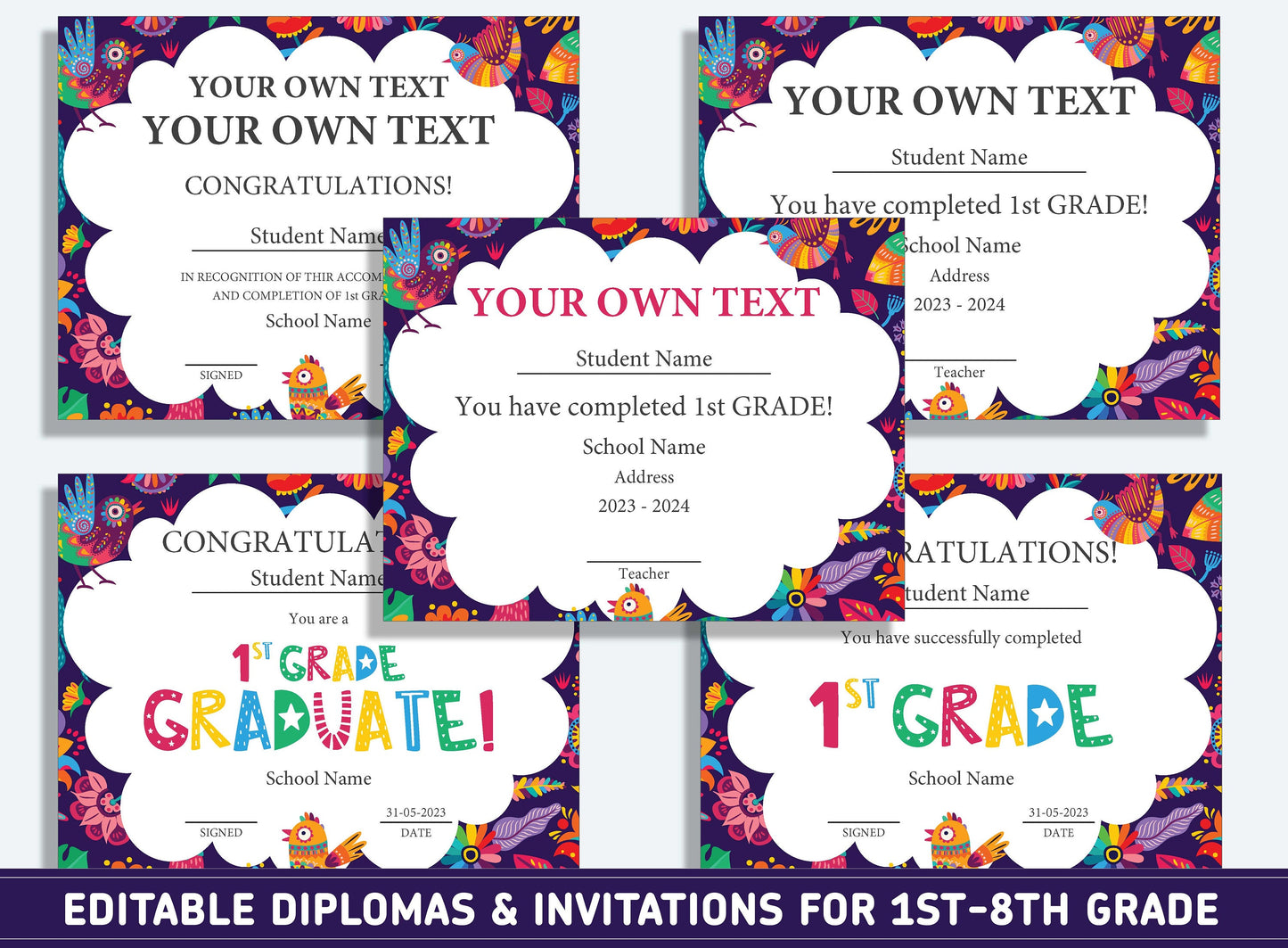 Editable 4th Grade Certificate, 1st to 8th Grade Diploma, Certificate of Completion & Invitation, PDF File, Instant Download