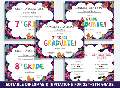 Editable 4th Grade Certificate, 1st to 8th Grade Diploma, Certificate of Completion & Invitation, PDF File, Instant Download