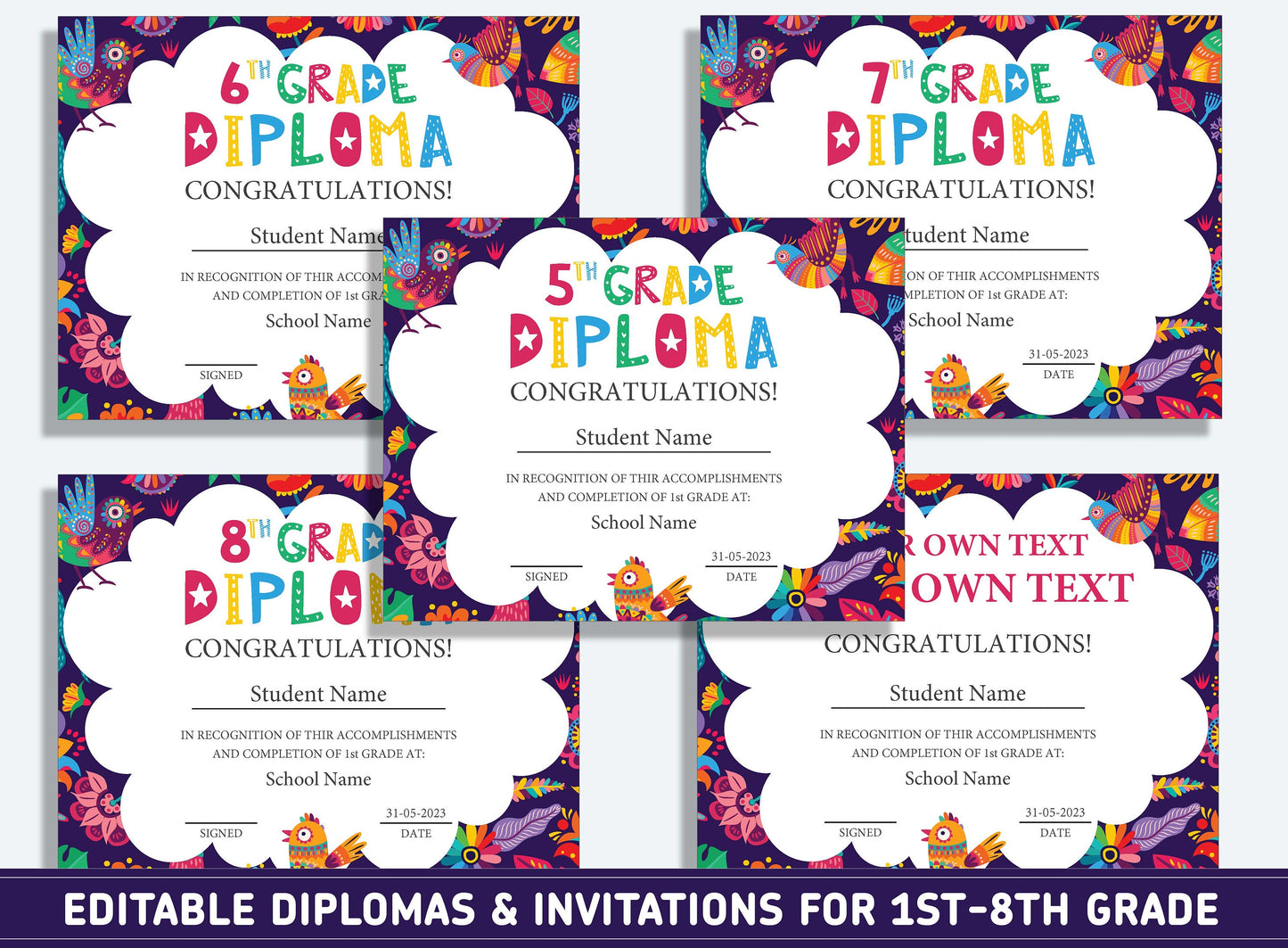 Editable 4th Grade Certificate, 1st to 8th Grade Diploma, Certificate of Completion & Invitation, PDF File, Instant Download