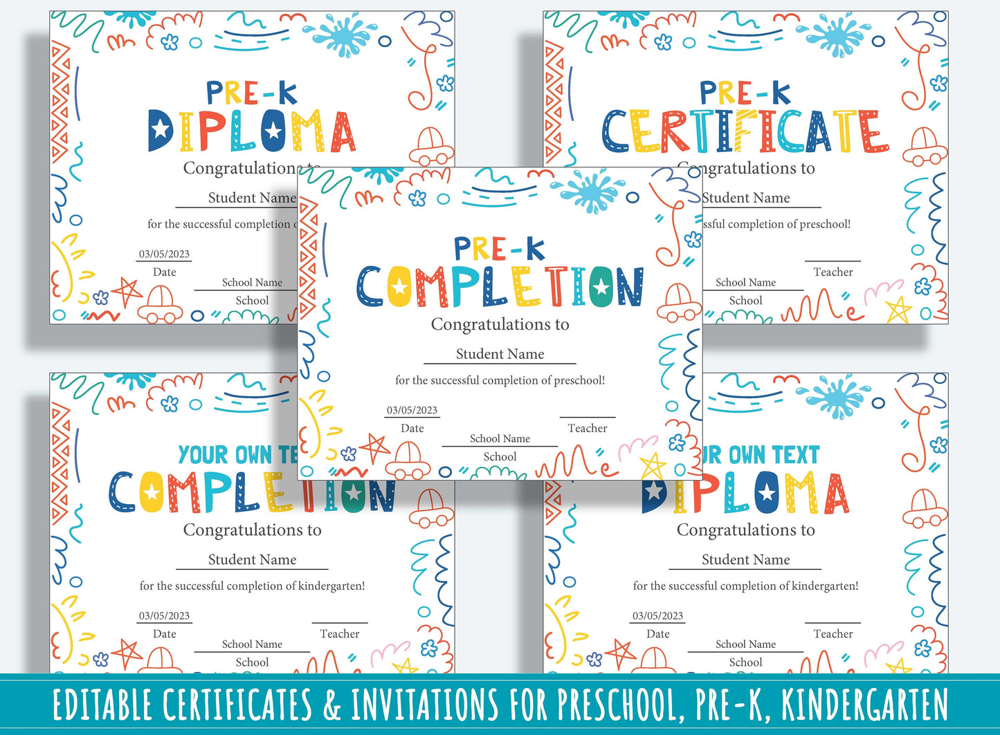Certificate Template, Editable End of Year Diplomas, Certificates, and Invitations for PreK and K, PDF File, Instant Download