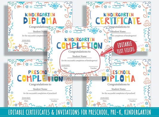 Certificate Template, Editable End of Year Diplomas, Certificates, and Invitations for PreK and K, PDF File, Instant Download