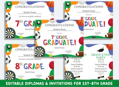 Editable 5th Grade Certificate, 1st to 8th Grade Diploma, Certificate of Completion & Invitation, PDF File, Instant Download