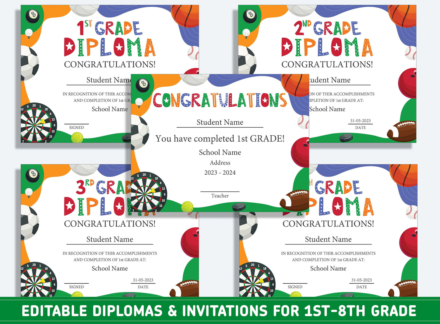 Editable 5th Grade Certificate, 1st to 8th Grade Diploma, Certificate of Completion & Invitation, PDF File, Instant Download