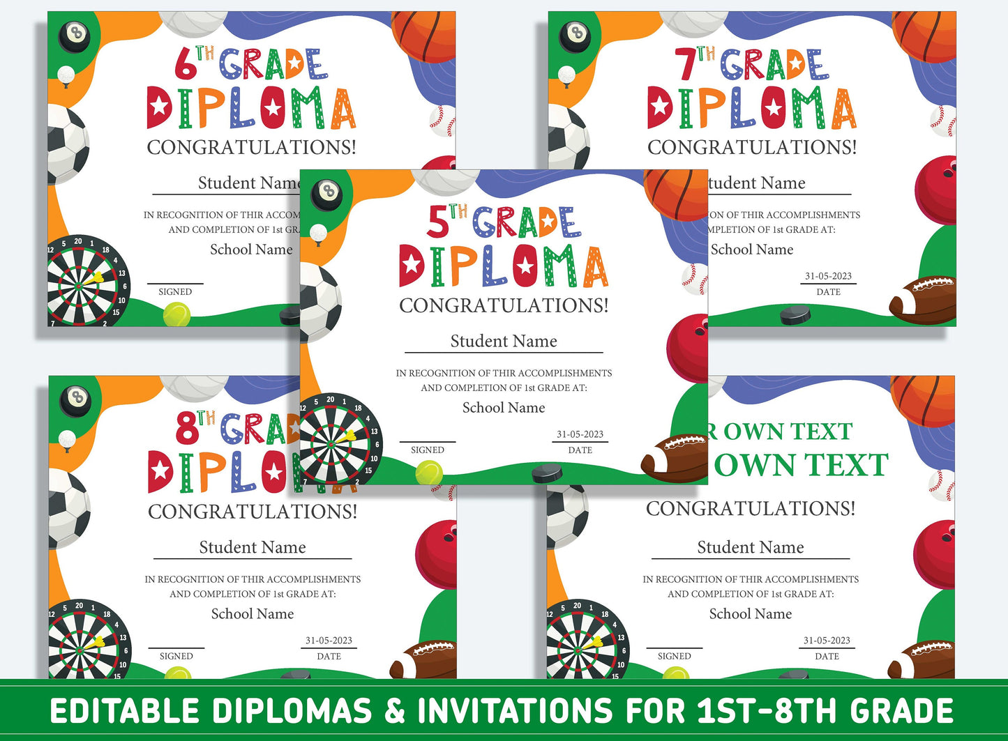 Editable 5th Grade Certificate, 1st to 8th Grade Diploma, Certificate of Completion & Invitation, PDF File, Instant Download