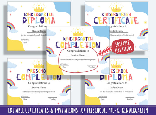 Certificate of Achievement, Editable End of Year Diplomas, Certificates, and Invitations for PreK and K, PDF File, Instant Download