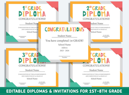 Editable 7th Grade Certificate, 1st to 8th Grade Diploma, Certificate of Completion & Invitation, PDF File, Instant Download