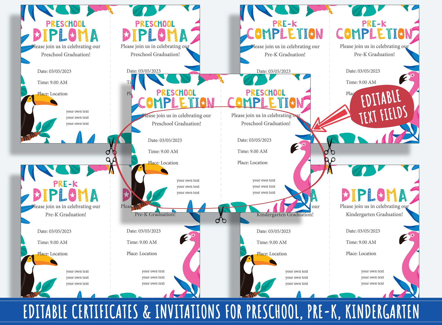 Preschool Graduation Diploma, Editable End of Year Diplomas, Certificates, and Invitations for PreK and K, PDF File, Instant Download