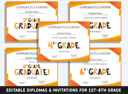 Editable 6th Grade Awards, 1st to 8th Grade Diploma, Certificate of Completion & Invitation, PDF File, Instant Download