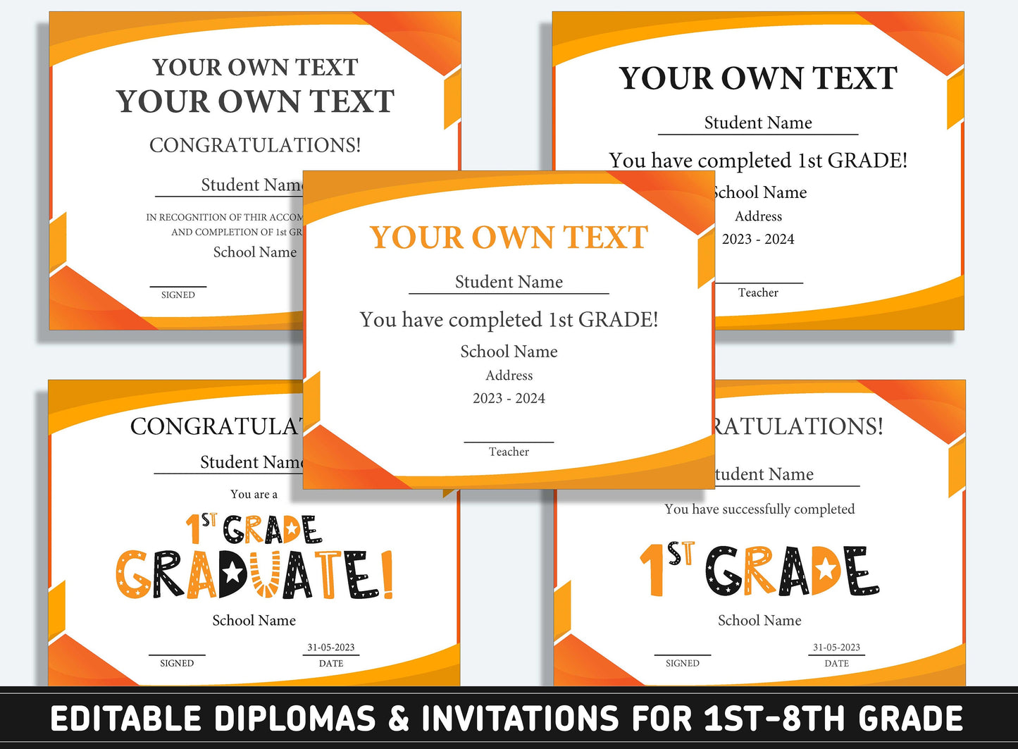 Editable 6th Grade Awards, 1st to 8th Grade Diploma, Certificate of Completion & Invitation, PDF File, Instant Download