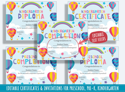 Student Certificates, Editable End of Year Diplomas, Certificates, and Invitations for PreK and K, PDF File, Instant Download