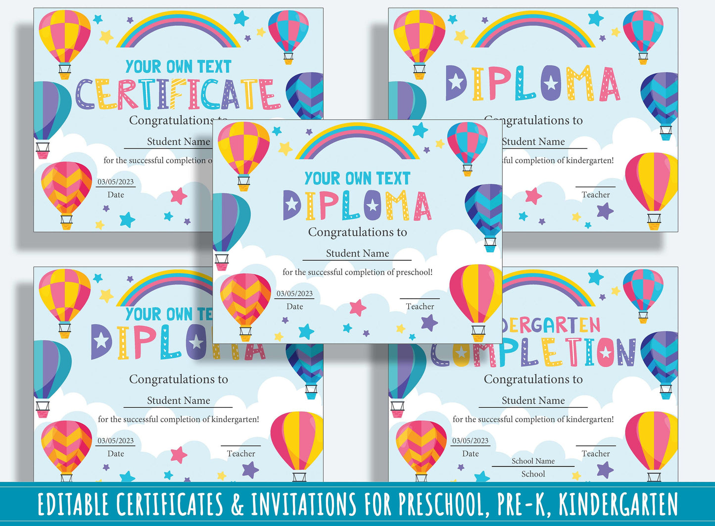 Student Certificates, Editable End of Year Diplomas, Certificates, and Invitations for PreK and K, PDF File, Instant Download