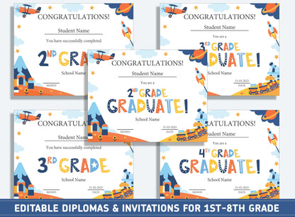 Editable 1st Grade Awards, 1st to 8th Grade Diploma, Certificate of Completion & Invitation, PDF File, Instant Download