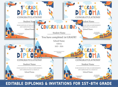 Editable 1st Grade Awards, 1st to 8th Grade Diploma, Certificate of Completion & Invitation, PDF File, Instant Download