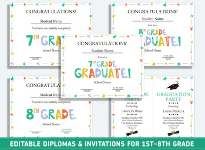 Editable 2nd Grade Awards, 1st to 8th Grade Diploma, Certificate of Completion & Invitation, PDF File, Instant Download