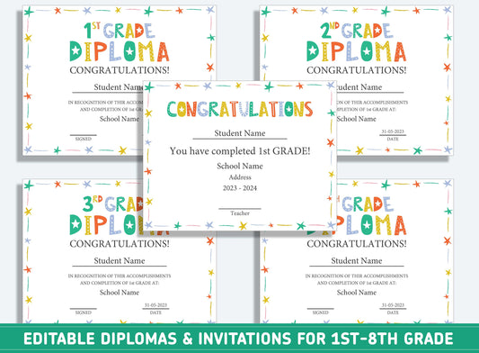 Editable 2nd Grade Awards, 1st to 8th Grade Diploma, Certificate of Completion & Invitation, PDF File, Instant Download