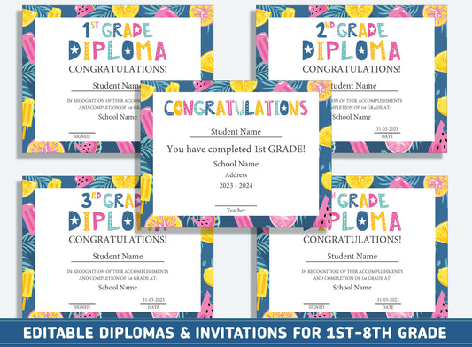 Editable 3rd Grade Awards, 1st to 8th Grade Diploma, Certificate of Completion & Invitation, PDF File, Instant Download