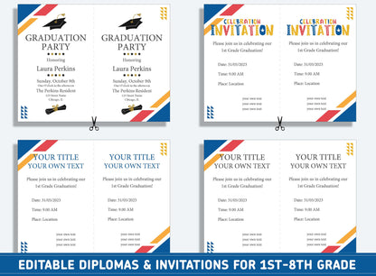 Editable 4th Grade Awards, 1st to 8th Grade Diploma, Certificate of Completion & Invitation, PDF File, Instant Download