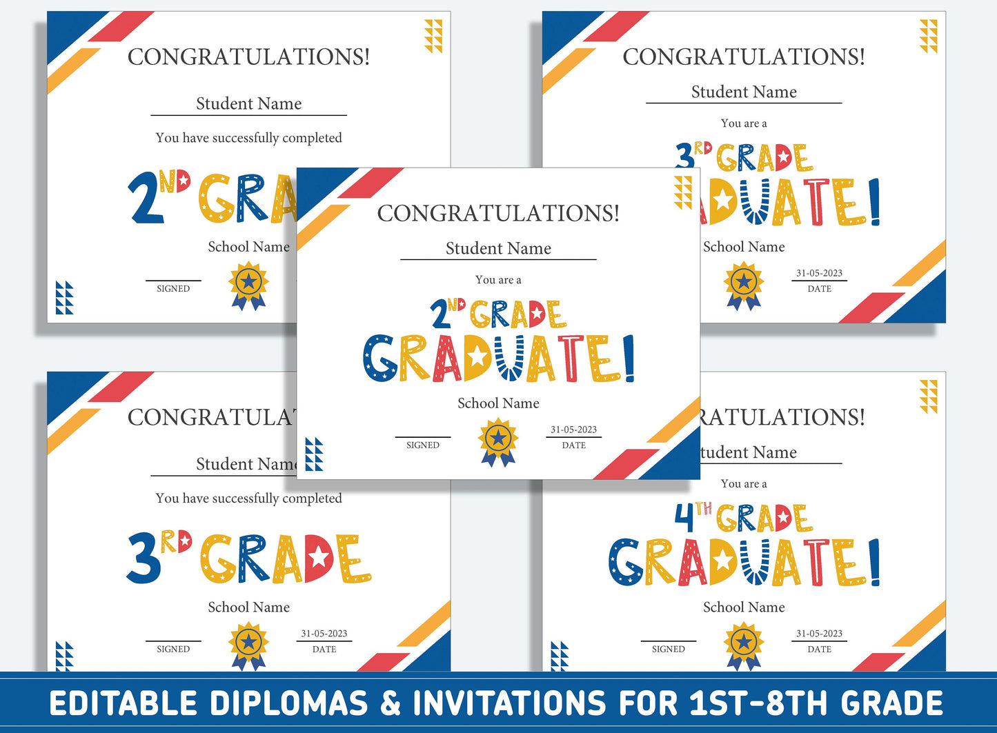 Editable 4th Grade Awards, 1st to 8th Grade Diploma, Certificate of Completion & Invitation, PDF File, Instant Download