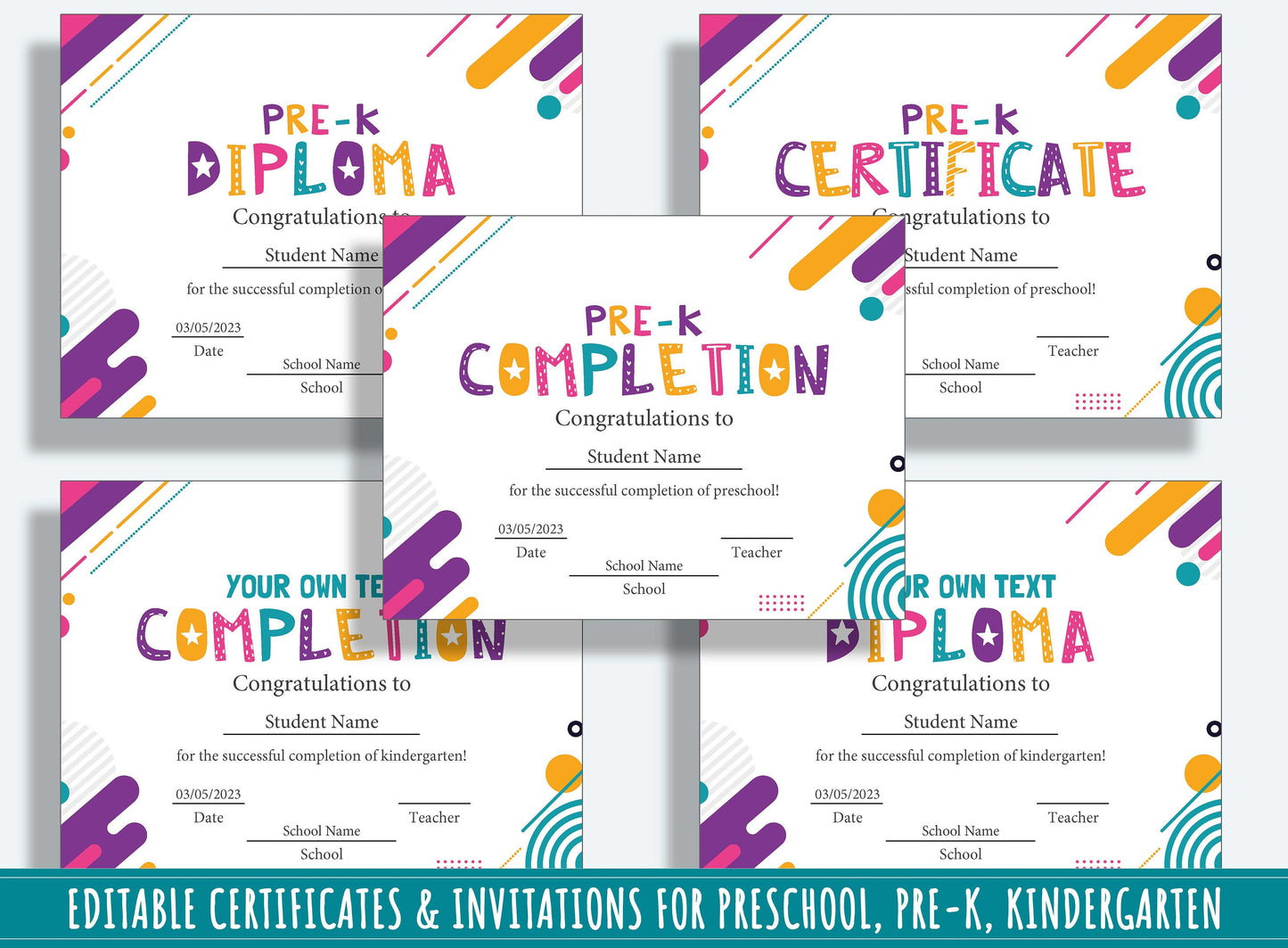 Editable Preschool Completion Certificates, End of the Year Diplomas, and Invitations, PDF File, Instant Download