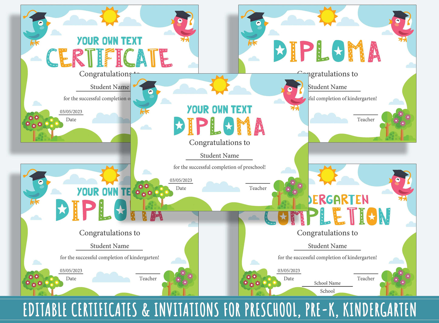Kindergarten Certificate, Editable Preschool Completion Certificates, End of the Year Diplomas, and Invitations, PDF File, Instant Download