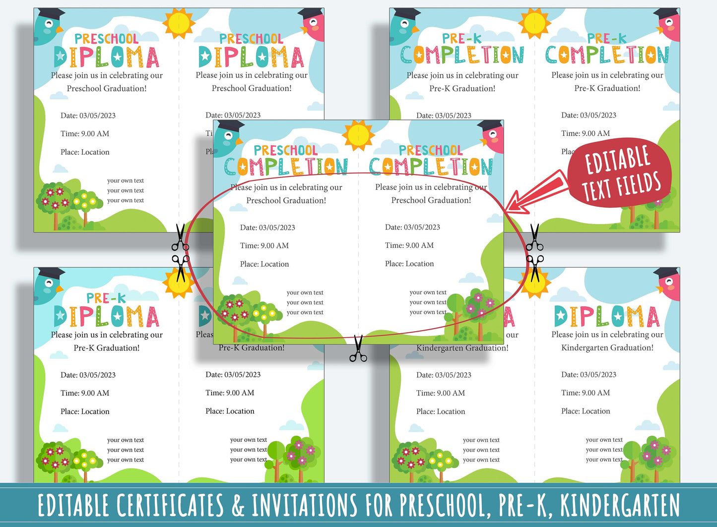Kindergarten Certificate, Editable Preschool Completion Certificates, End of the Year Diplomas, and Invitations, PDF File, Instant Download