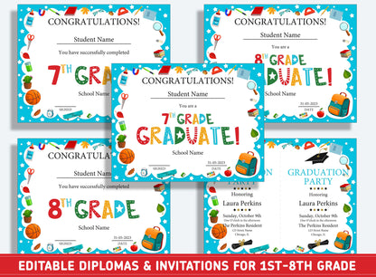 Editable 1st Grade Graduation, 1st to 8th Grade Diploma, Certificate of Completion & Invitation, PDF File, Instant Download