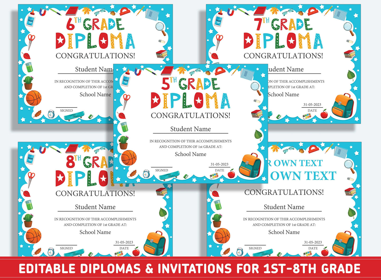 Editable 1st Grade Graduation, 1st to 8th Grade Diploma, Certificate of Completion & Invitation, PDF File, Instant Download