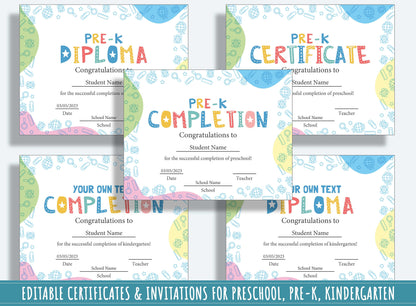 Kindergarten Certificates Completion Diploma and Invitations, Editable, PDF File, Instant Download