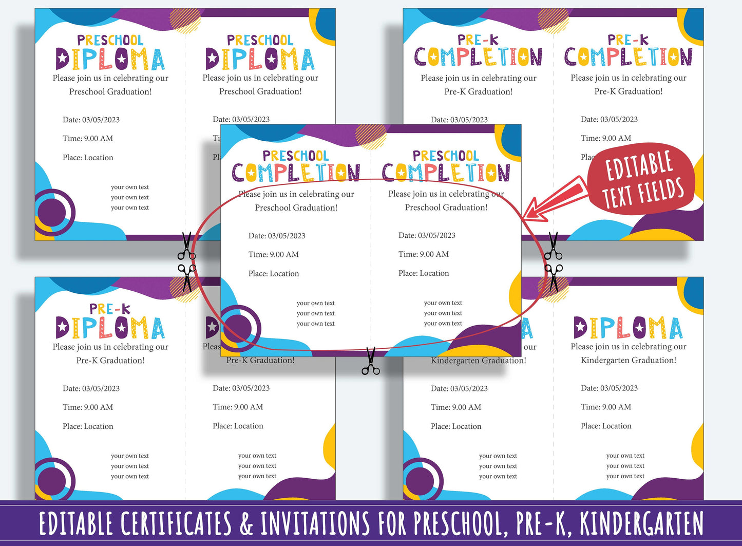 Editable End of the Year Awards Kindergarten Diploma Promotion Certificate & Invitations, PDF File, Instant Download