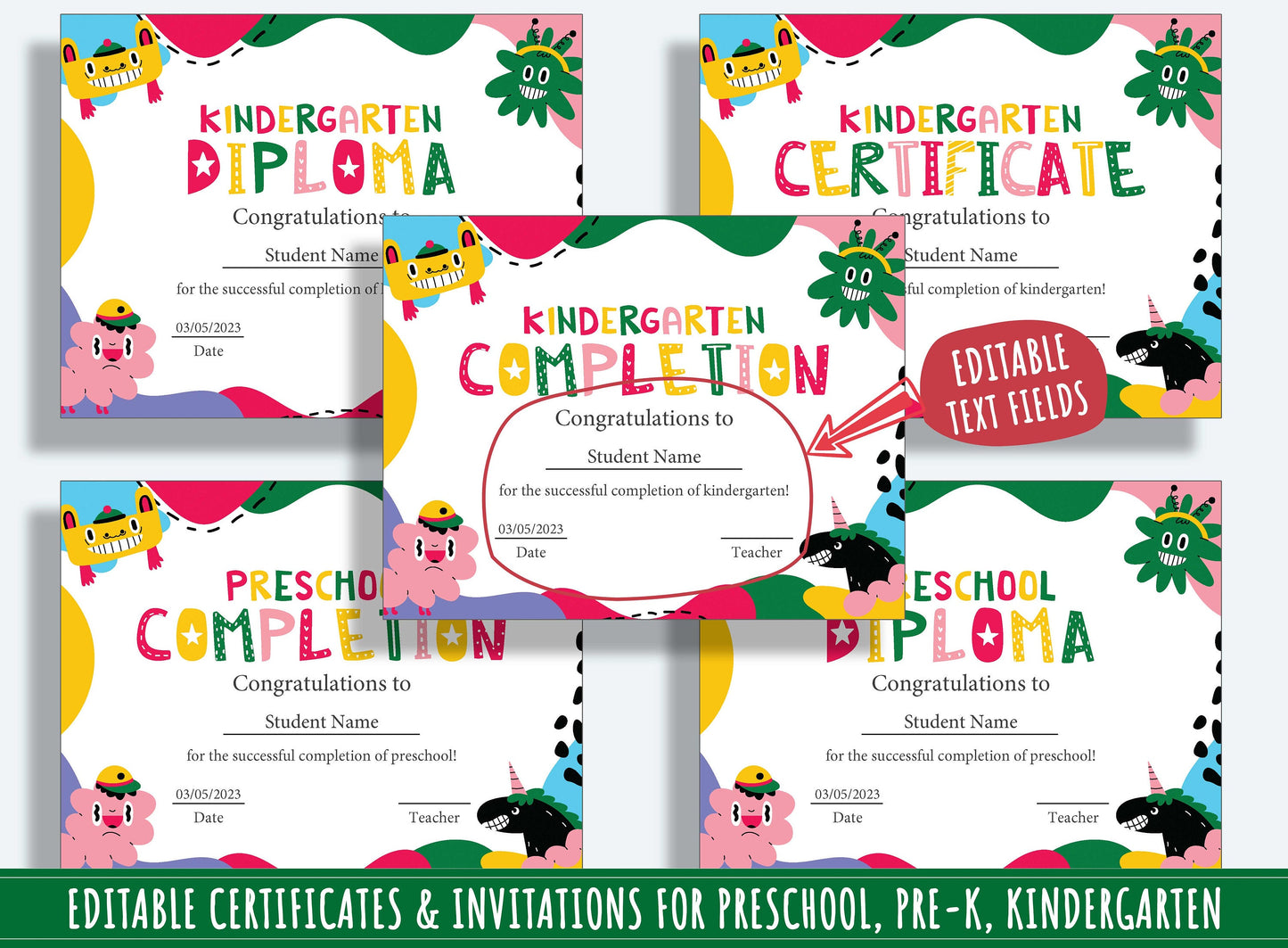 Editable Class Certificates, End of the Year Awards, Diplomas & Invitations for PreK and K, PDF File, Instant Download