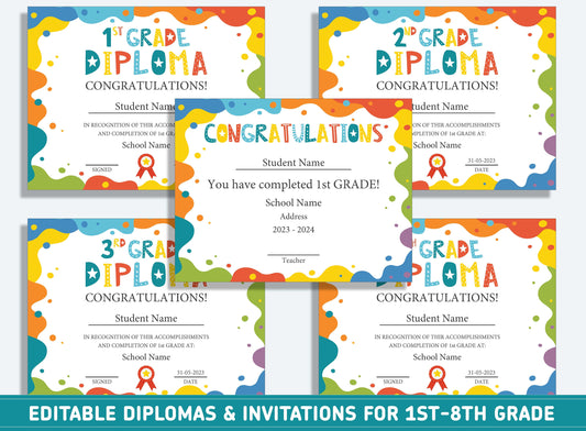 Editable 2nd Grade Graduation, 1st to 8th Grade Diploma, Certificate of Completion & Invitation, PDF File, Instant Download