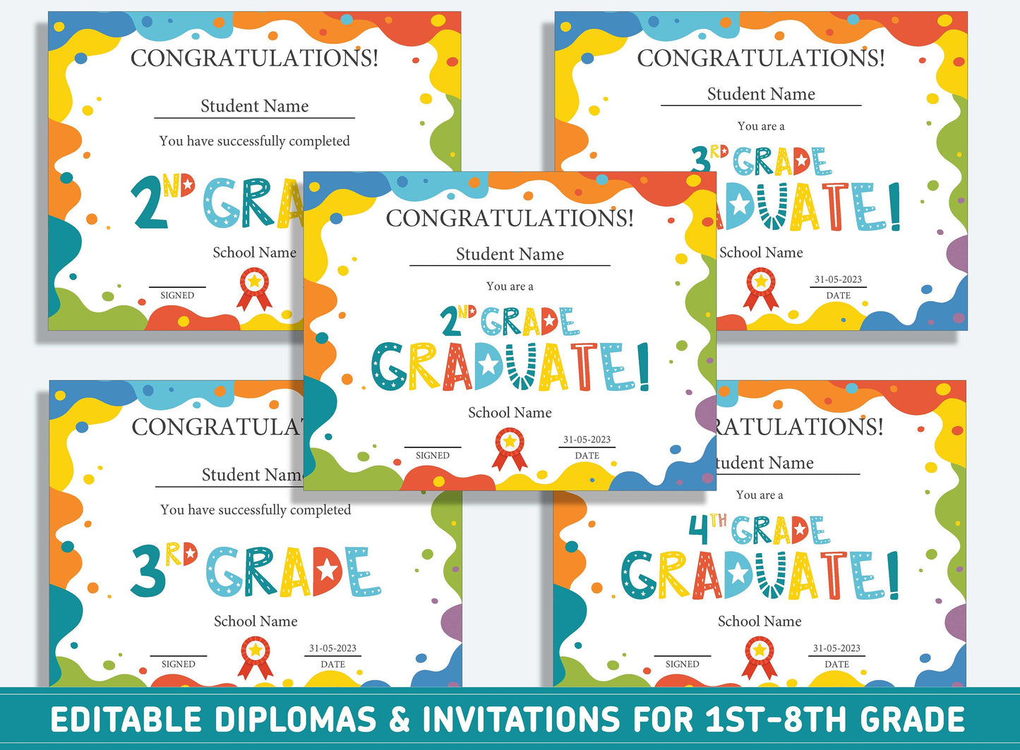 Editable 2nd Grade Graduation, 1st to 8th Grade Diploma, Certificate of Completion & Invitation, PDF File, Instant Download