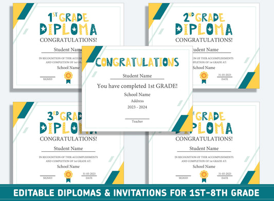 Editable 3rd Grade Graduation, 1st to 8th Grade Diploma, Certificate of Completion & Invitation, PDF File, Instant Download