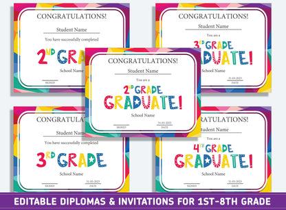 Editable 4th Grade Graduation, 1st to 8th Grade Diploma, Certificate of Completion & Invitation, PDF File, Instant Download