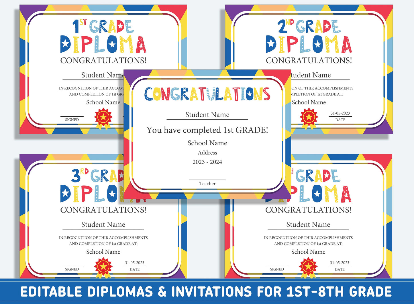 Editable 5th Grade Graduation, 1st to 8th Grade Diploma, Certificate of Completion & Invitation, PDF File, Instant Download