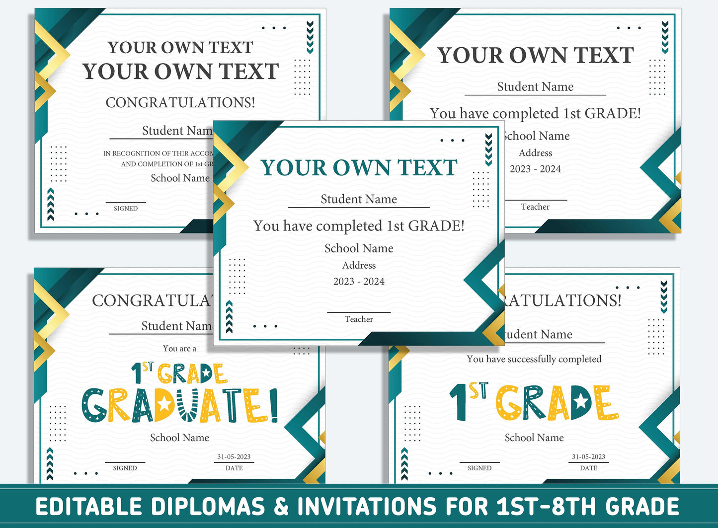 Editable 6th Grade Graduation, 1st to 8th Grade Diploma, Certificate of Completion & Invitation, PDF File, Instant Download