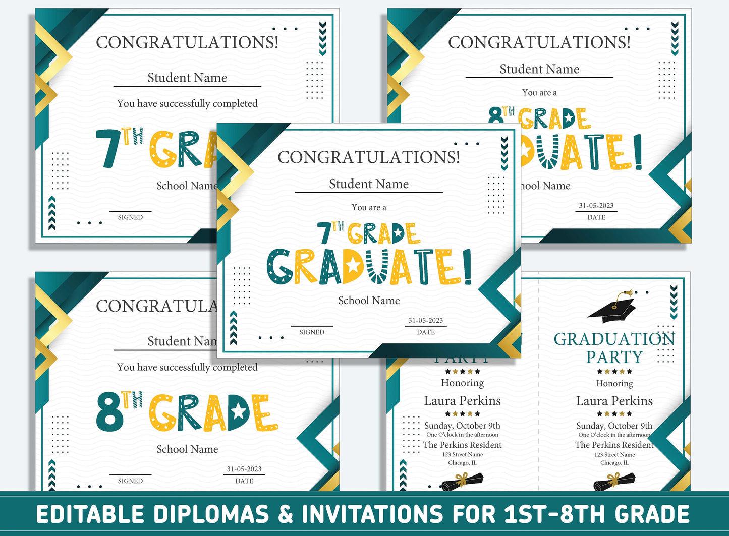 Editable 6th Grade Graduation, 1st to 8th Grade Diploma, Certificate of Completion & Invitation, PDF File, Instant Download