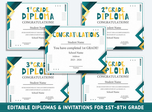 Editable 6th Grade Graduation, 1st to 8th Grade Diploma, Certificate of Completion & Invitation, PDF File, Instant Download