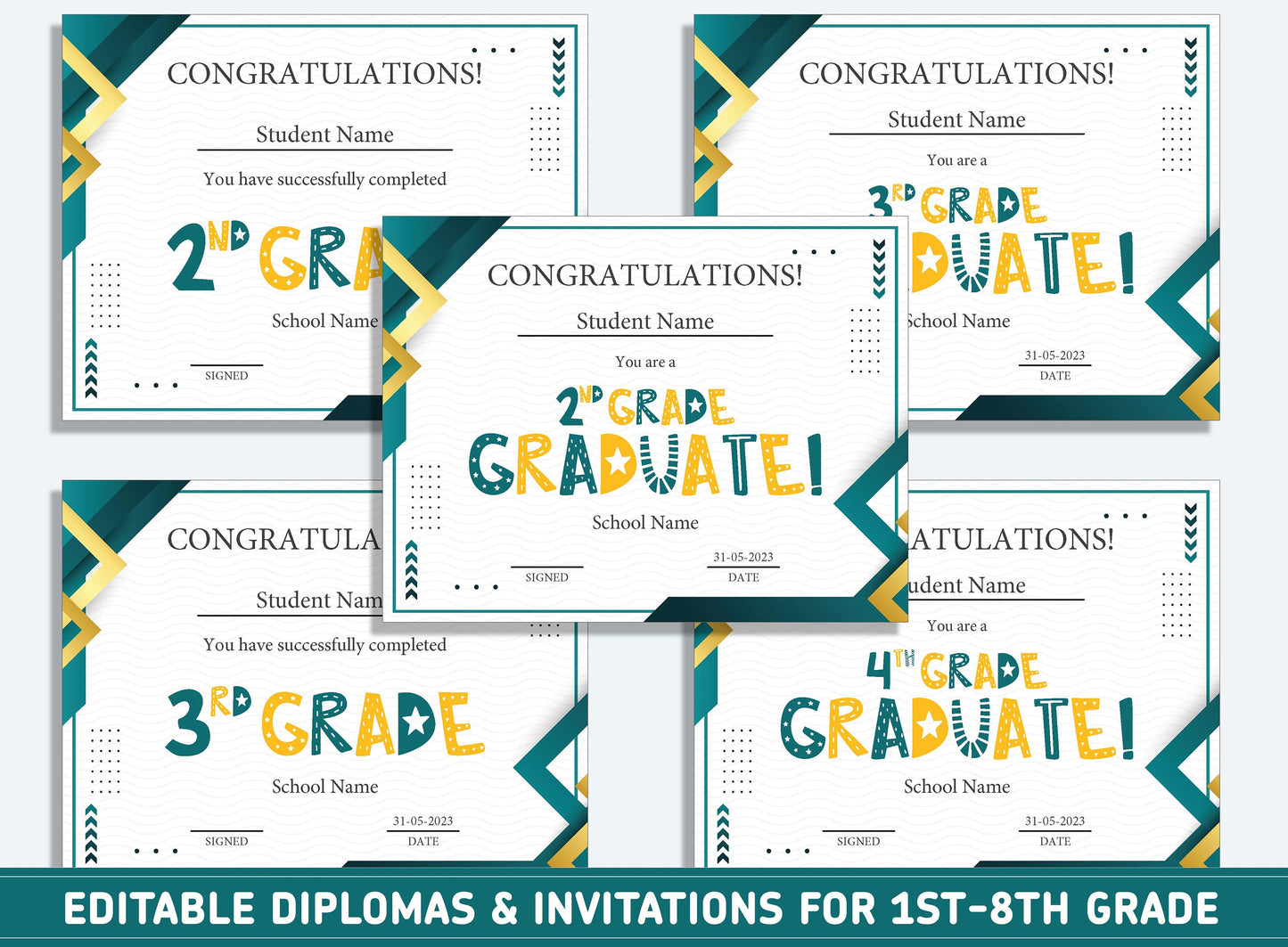 Editable 6th Grade Graduation, 1st to 8th Grade Diploma, Certificate of Completion & Invitation, PDF File, Instant Download