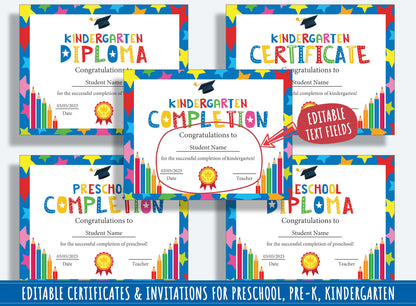 Editable Class Awards, End of the Year Awards, Diplomas, Certificates & Invitations for PreK, and K, PDF File, Instant Download
