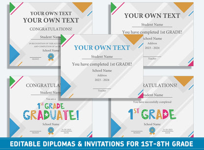 Editable 8th Grade Graduation, 1st to 8th Grade Diploma, Certificate of Completion & Invitation, PDF File, Instant Download