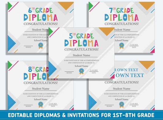 Editable 8th Grade Graduation, 1st to 8th Grade Diploma, Certificate of Completion & Invitation, PDF File, Instant Download