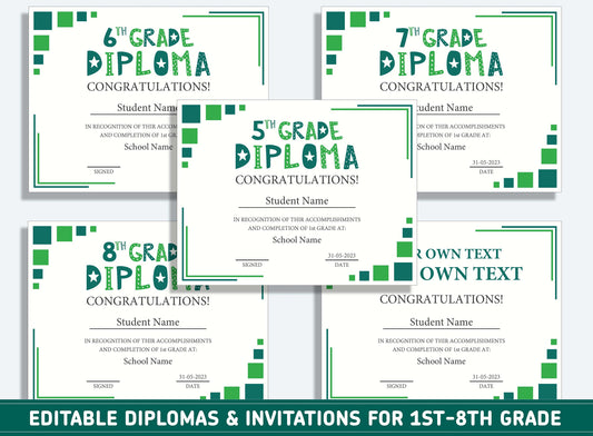 Editable 7th Grade Awards, 1st to 8th Grade Diploma, Certificate of Completion & Invitation, PDF File, Instant Download